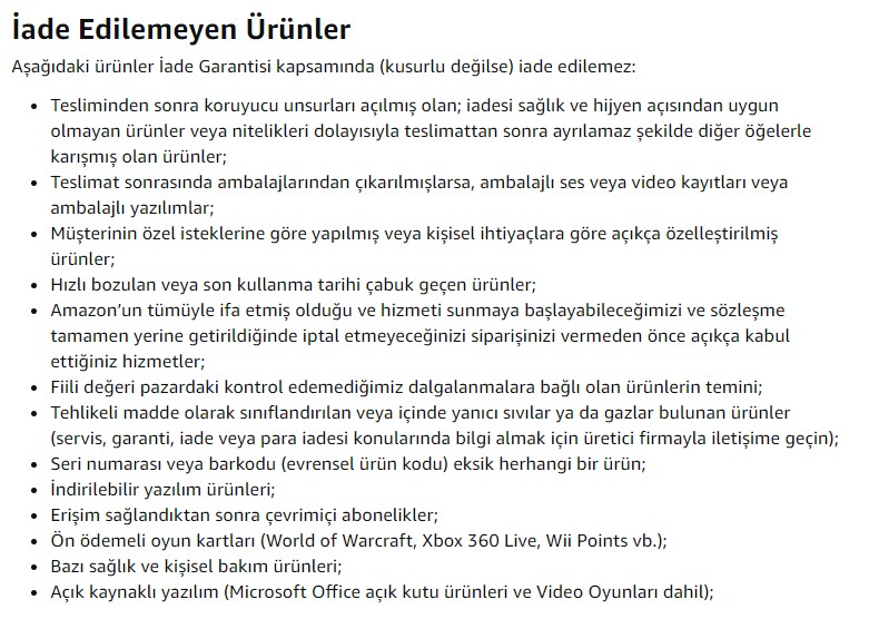 amazon iade edilmeyen ürünler